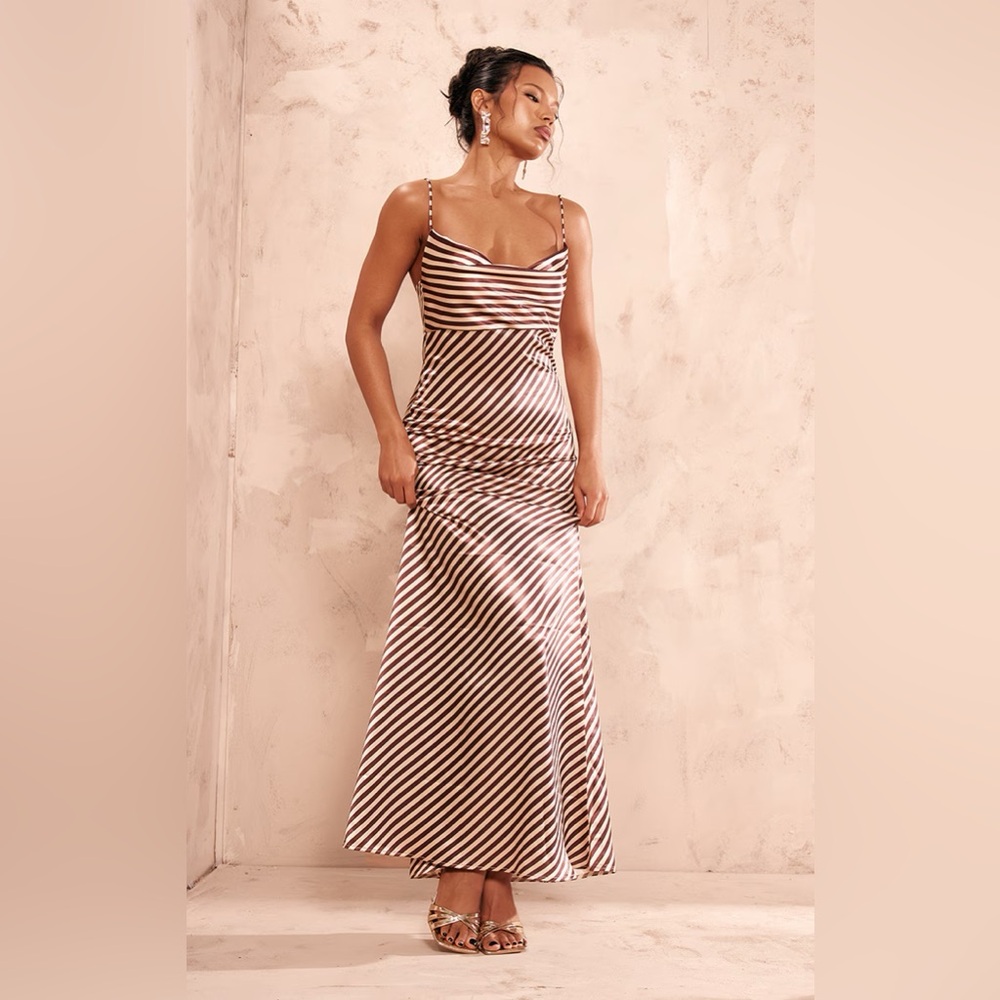 brown striped satin cowl neck maxi dress